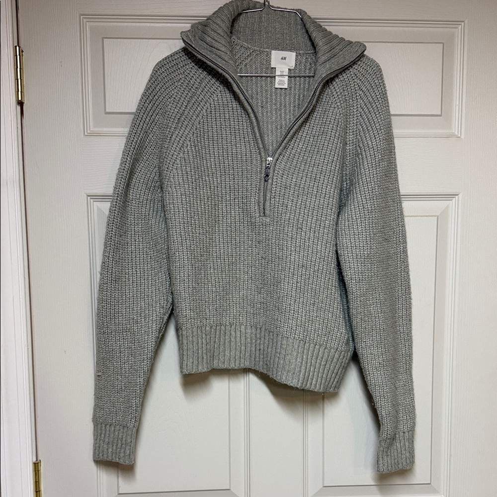 H&M Light Gray Half-Zip Ribbed Turtleneck Sweater